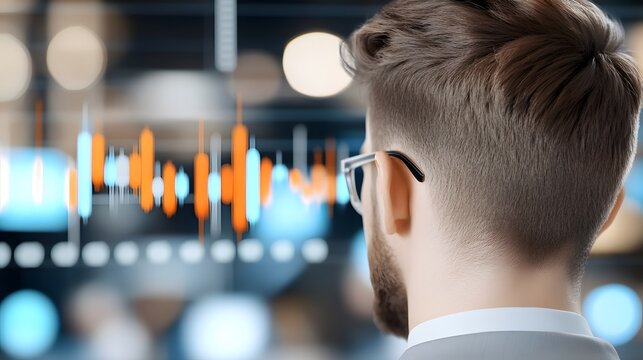 A man with stylish hair and glasses looks at a digital display featuring audio waveforms in a modern, tech-inspired environment. - Powered by Adobe