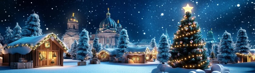Fototapeta premium Winter Wonderland with Glittering Christmas Tree, Snow-Covered Market Stalls, Festively Decorated Cabins, and Historic Architecture Under a Starry Night Sky