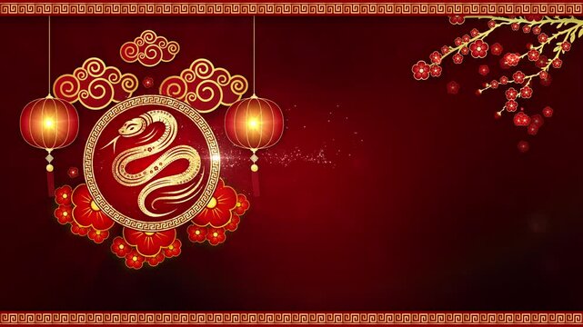 Festive 2025 Year of the Snake Design With Red Lanterns, Floral Accents, And Traditional Chinese Patterns on Deep Red Background. Celebration of Chinese New Year the Year of the Snake