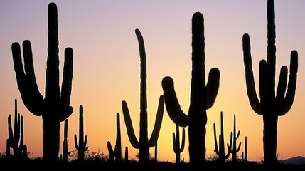 Silhouetted Saguaro Cacti at Sunset in the Desert