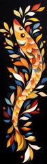 Vibrant abstract painting of a fish with a colorful combination of leaves on a black background, perfect for artistic and creative projects.
