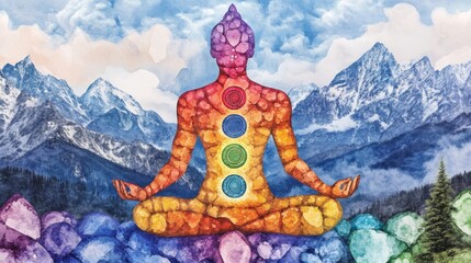 Obraz premium Meditative figure amidst vibrant mountains and colorful stones, embodying inner harmony and balance, emphasizing the connection between nature and spiritual energy.