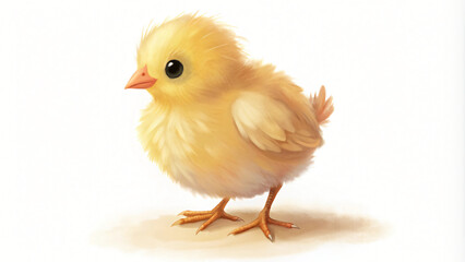 Fototapeta premium Fluffy baby chick with yellow feathers, standing on white background