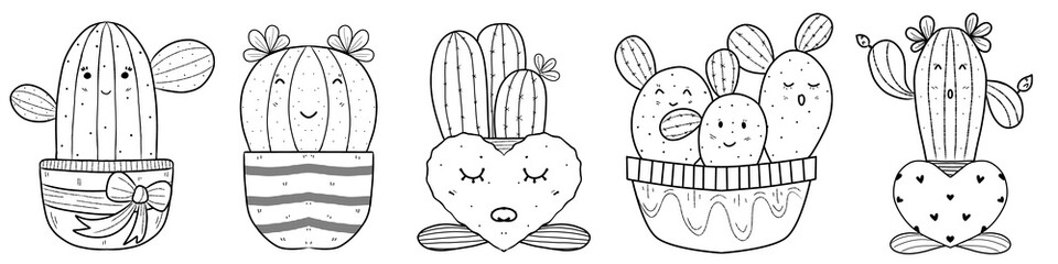 Black line cactus set,hand drawn, doodle 