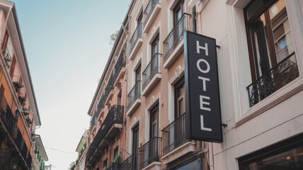 A hotel sign is on a building in a city. The sign is black and white. The building is tall and has balconies. The street is lined with trees and there are some people walking around
