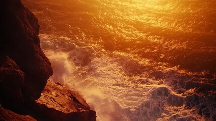 Majestic Sunset Seascape with Crashing Waves and Rocky Cliffs