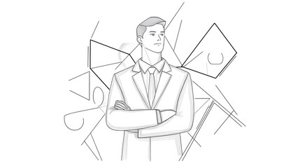 A Line Art Illustration of a Man in a Suit with Geometric Shapes