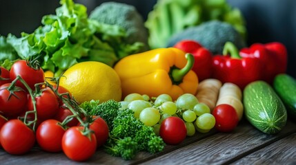 Close-up of vibrant fresh vegetables and fruits on wooden table, symbolizing healthy blood pressure foods, emphasizing natural nutrition and wellness.