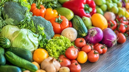 Close-up of vibrant fresh vegetables and fruits on wooden table, symbolizing healthy blood pressure foods, emphasizing natural nutrition and wellness.