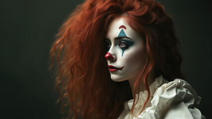 Obraz premium A beautiful female clown in full makeup. The woman has long, voluminous red hair and is posing in three-quarter profile. Studio portrait.