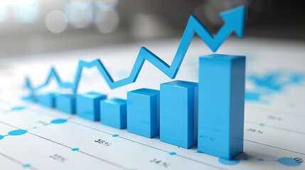 Blue arrow pointing up above a bar graph on white paper. AI generative. .