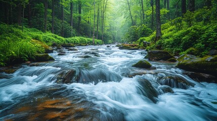 A rushing river flows through a lush forest, creating a tranquil and picturesque scene. AI generative. .