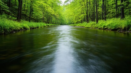 Obraz premium A calm river gently flowing through a peaceful forest selective focus Calming water rhythm for peace and reflection tranquil Multilayer Forest backdrop