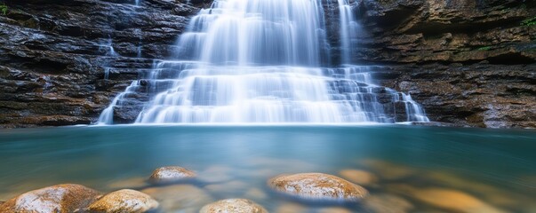 A waterfall cascading over rocks, creating a steady rhythm focus on   Nature s rhythm for peaceful meditation   ethereal   Multilayer   Waterfall backdrop