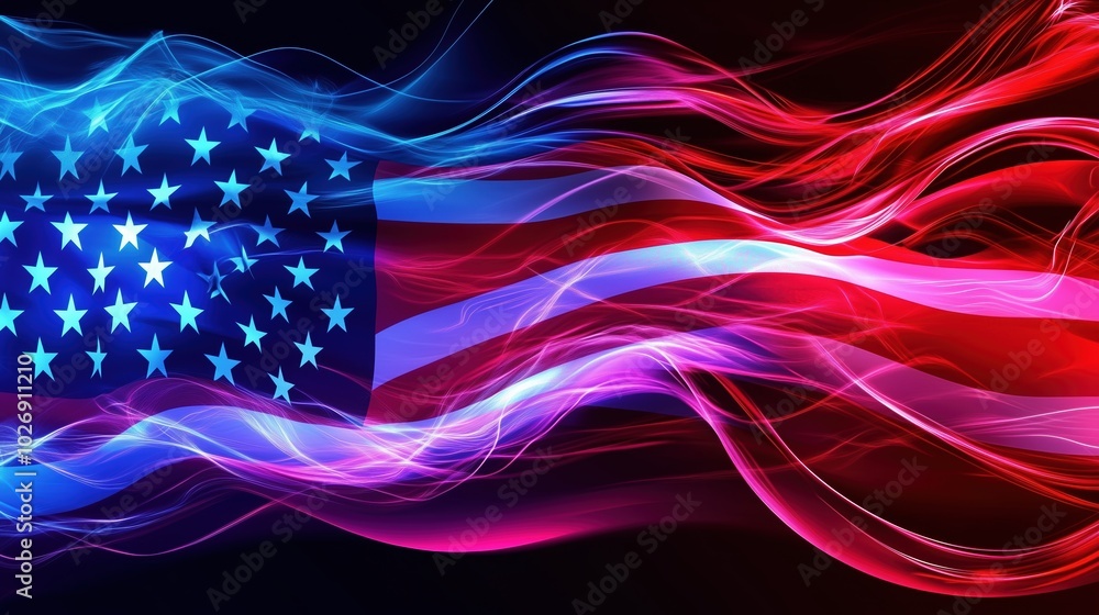 Poster A vibrant and dynamic neon light effect American flag waving against a dark backdrop. Glowing lines and stars create an abstract design symbolizing freedom, peace, diversity, and unity. The dynamic li