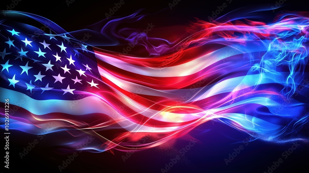 Poster a vibrant and dynamic neon light effect american flag waving against a dark backdrop. glowing lines 