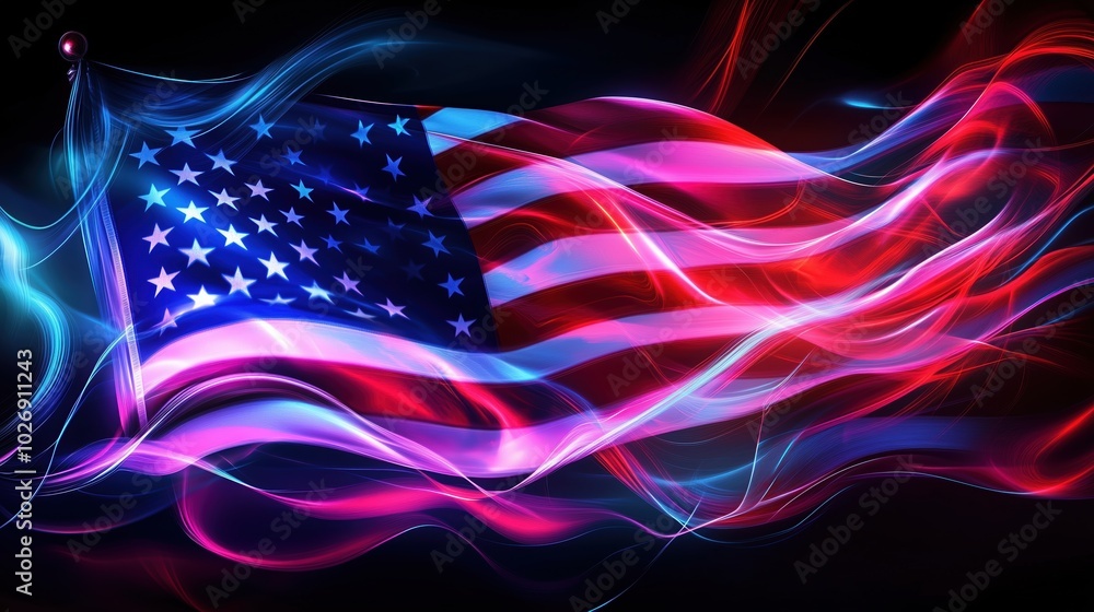 Poster a vibrant and dynamic neon light effect american flag waving against a dark backdrop. glowing lines 