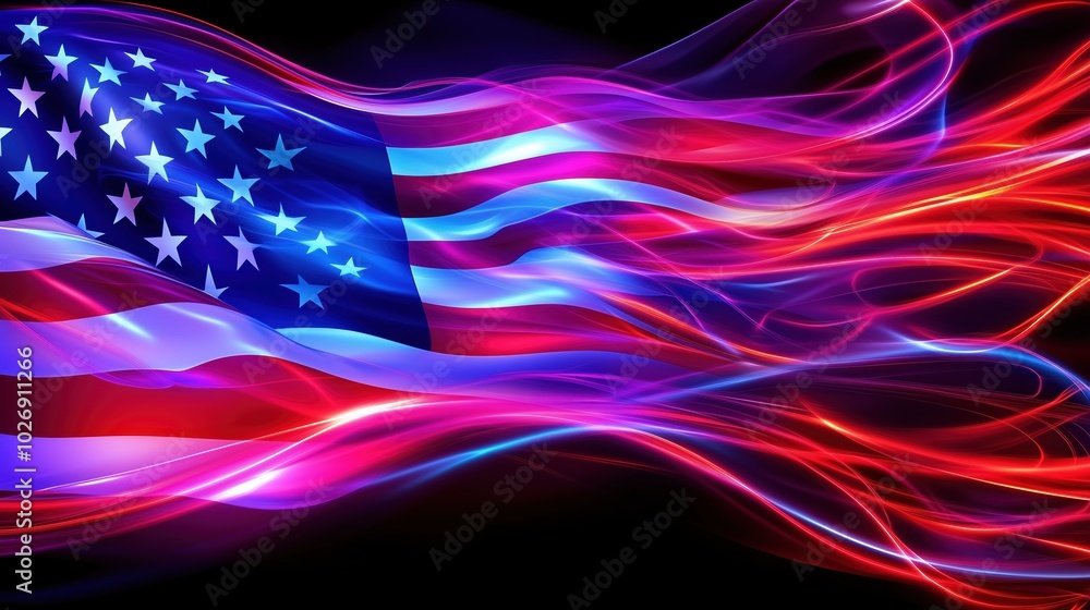 Fototapete A vibrant and dynamic neon light effect American flag waving against a dark backdrop. Glowing lines and stars create an abstract design symbolizing freedom, peace, diversity, and unity. The dynamic li