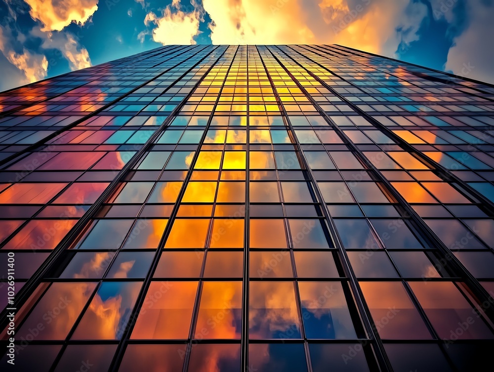 Poster a towering glass skyscraper reflecting a fiery sunset sky, creating a sense of awe and ambition.