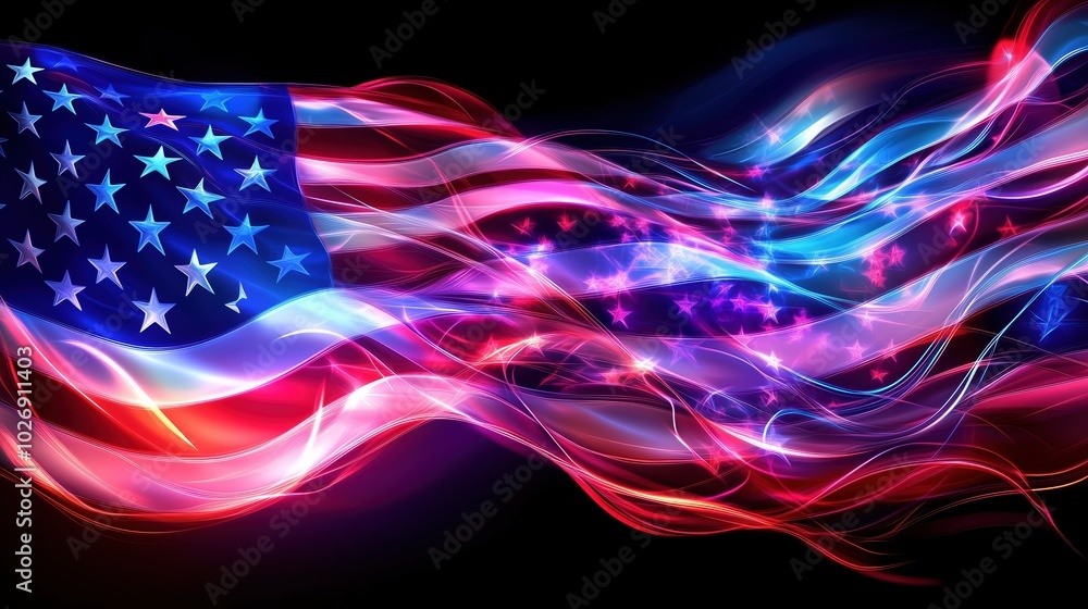 Fototapete A vibrant and dynamic neon light effect American flag waving against a dark backdrop. Glowing lines and stars create an abstract design symbolizing freedom, peace, diversity, and unity. The dynamic li