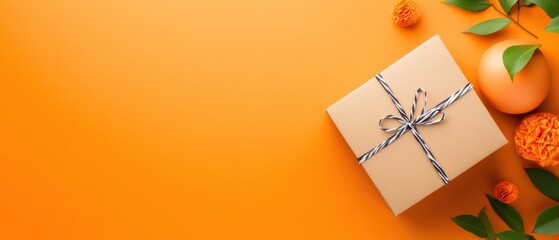 A beautiful gift box surrounded by orange elements, perfect for celebrations and special occasions on a vibrant orange background.