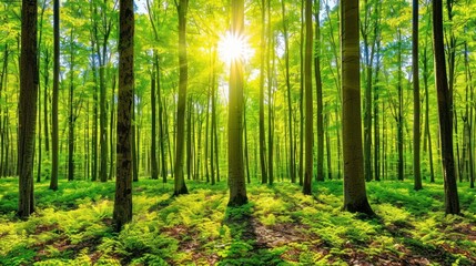 Obraz premium Sun shining through the trees of a lush green forest