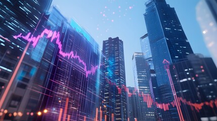 Obraz premium Stock graph on the rise with a backdrop of towering buildings in a business hub