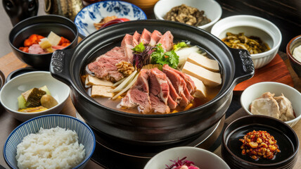 A large pot of soup with meat and vegetables sits on a table with several bowls of food. The soup is the main dish, and there are several other dishes, including rice, vegetables, and meat