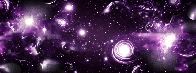 Abstract purple galaxy background with glowing stars and swirling nebulae.