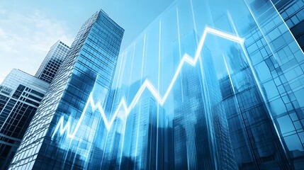 Rising financial graph with a cityscape of tall glass office buildings