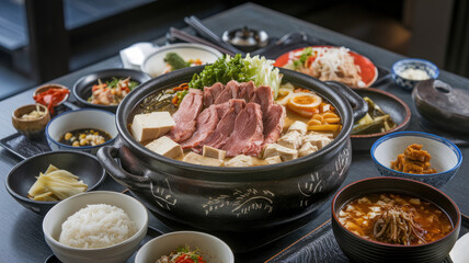 A large pot of soup sits on a table with many bowls of food. The soup is filled with meat and vegetables, and there are several bowls of rice and other dishes. The table is set for a meal