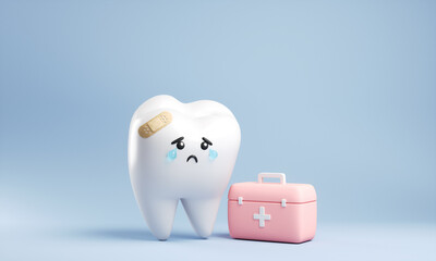 3d Cartoon Sad Tooth with Plaster Standing near the first aid kit, Toothache concept 3d rendering.