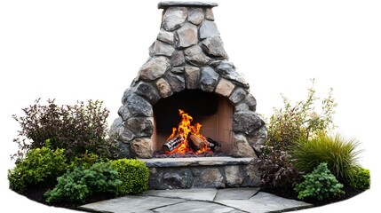 Stone Fireplace with Fire and Landscaping