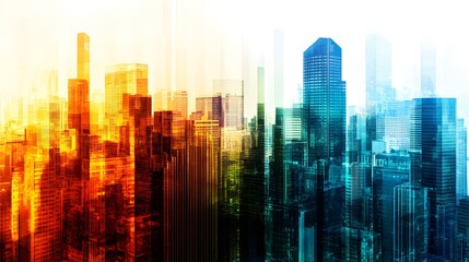 Stock bars on the rise with a city skyline filled with financial institutions