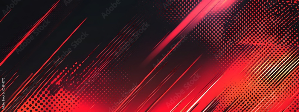 Poster abstract red and black diagonal lines and dots background.