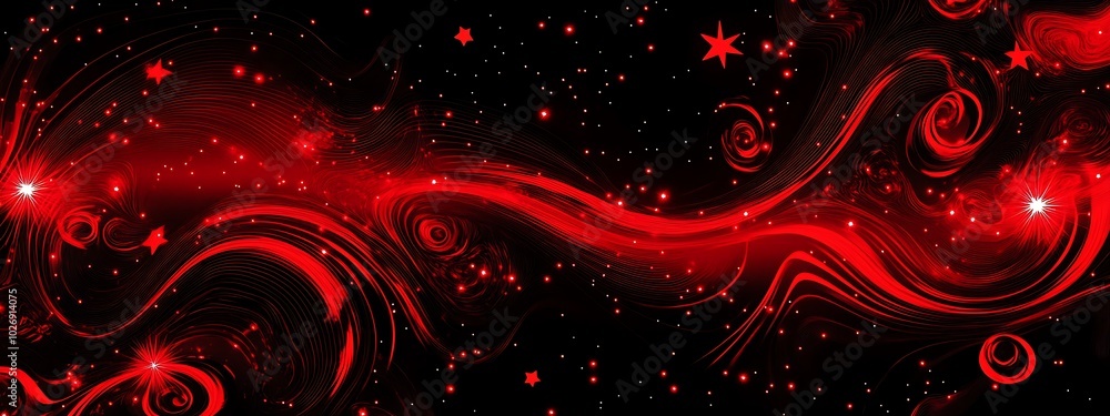 Poster abstract red and black background with swirls and stars.