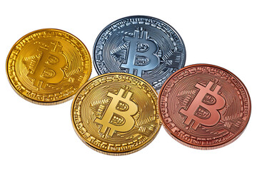 Black, Gold, and Copper Bitcoin Coins isolated on a transparent background