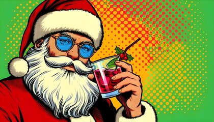 pop art santa holding a drink colorful glasses on a halftone dot background