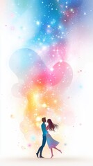 A romantic couple embraces under a dreamy, colorful cosmic backdrop, symbolizing love and magic in a surreal atmosphere.