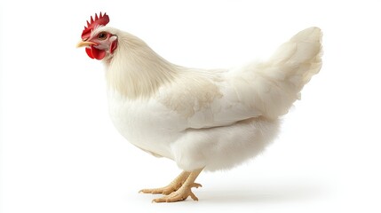 Fototapeta premium A white hen stands on a white background with its head turned to the left.