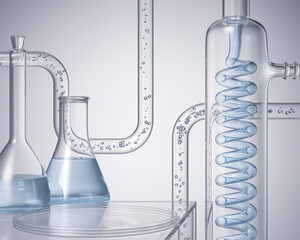 Cosmetic scientific skincare background materials, podium display with glass flask, Laboratory 3d...