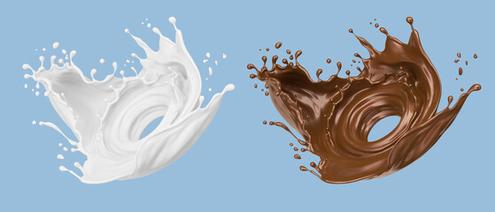 Milk and Chocolate splash, Milkshake and Cocoa pouring, include Clipping path, 3d illustration.