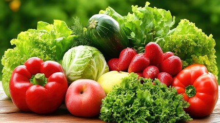 Close-up of vibrant fresh vegetables and fruits on wooden table, symbolizing healthy blood pressure foods, emphasizing natural nutrition and wellness.
