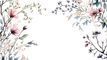 Watercolor Floral Border with Pink Flowers and Greenery