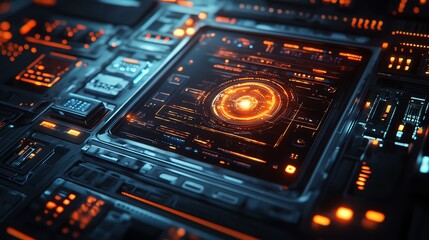 A close-up view of a futuristic digital interface with glowing orange and red lights.