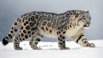 Tian Shan Snow Leopard (Panthera uncia tienshanensis): A majestic and elusive subspecies, snow leopard on the snow