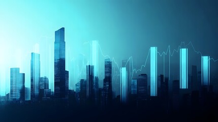 Bar chart of growing stocks with the silhouette of a financial hub skyline