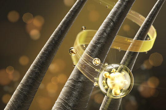 Nourish hair of shampoo or Oil Vitamin serum. Repair damaged hair concept, 3d rendering.