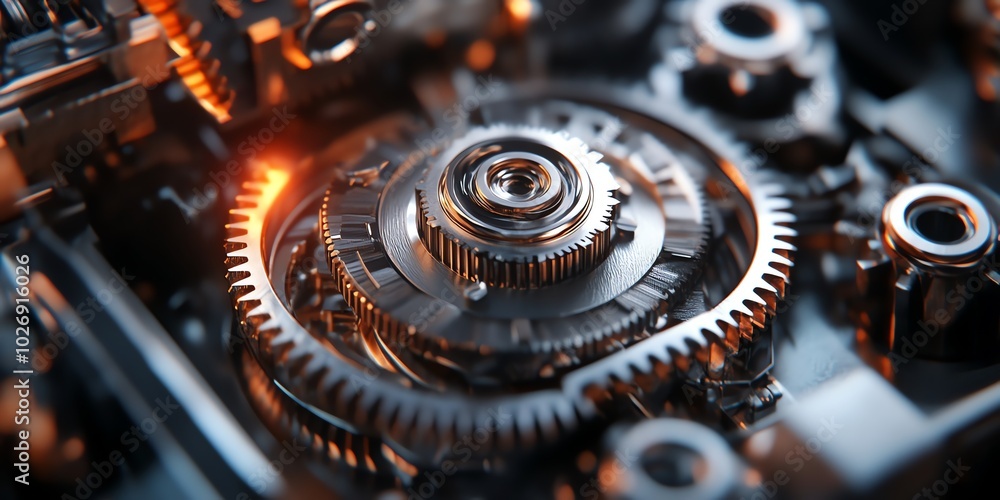 Poster close-up of intricate metal gears and cogs working in a complex machine.