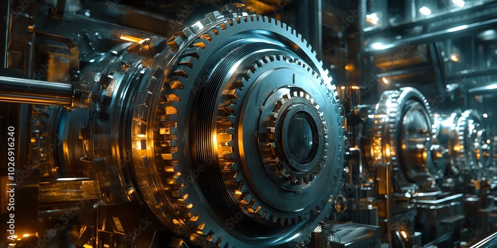 Aufkleber close-up of intricate metal gears and machinery in a factory setting.